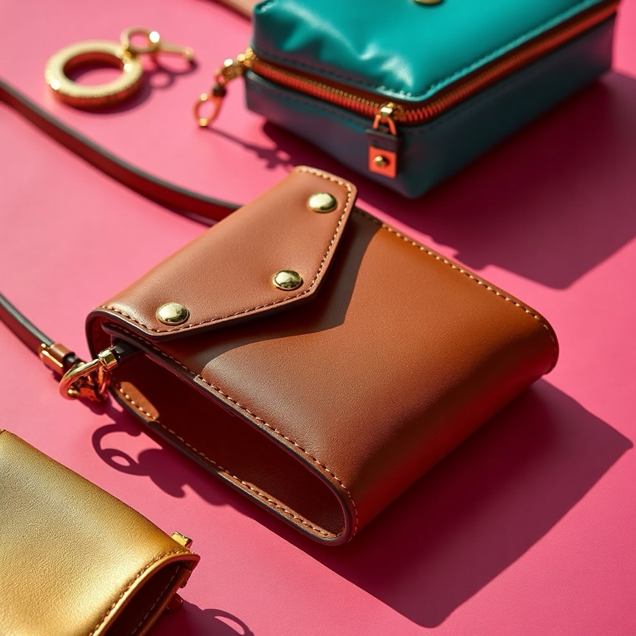 Cognac leather bag, belt detail, and key pouch with gold hardware