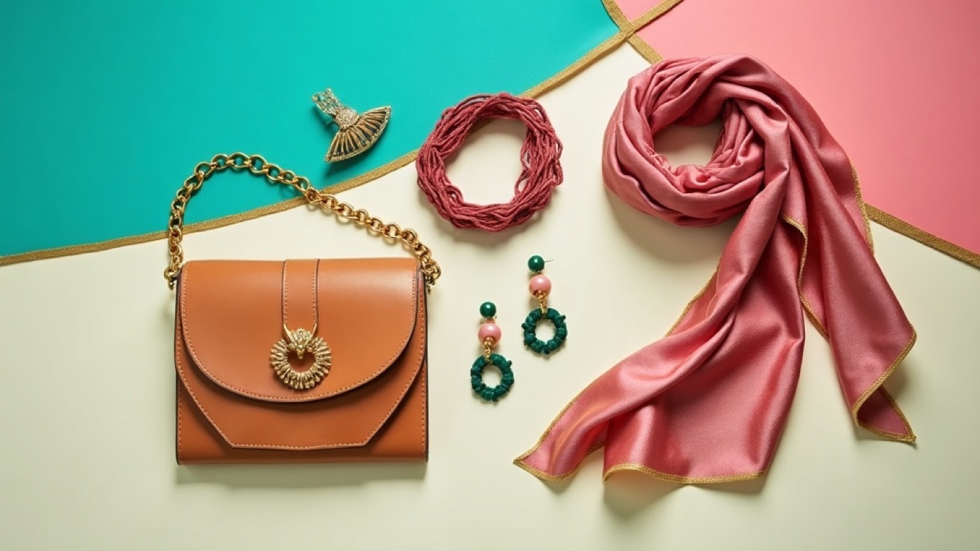 Flat lay of bracelet, earrings, leather bag, and scarf on teal and cream