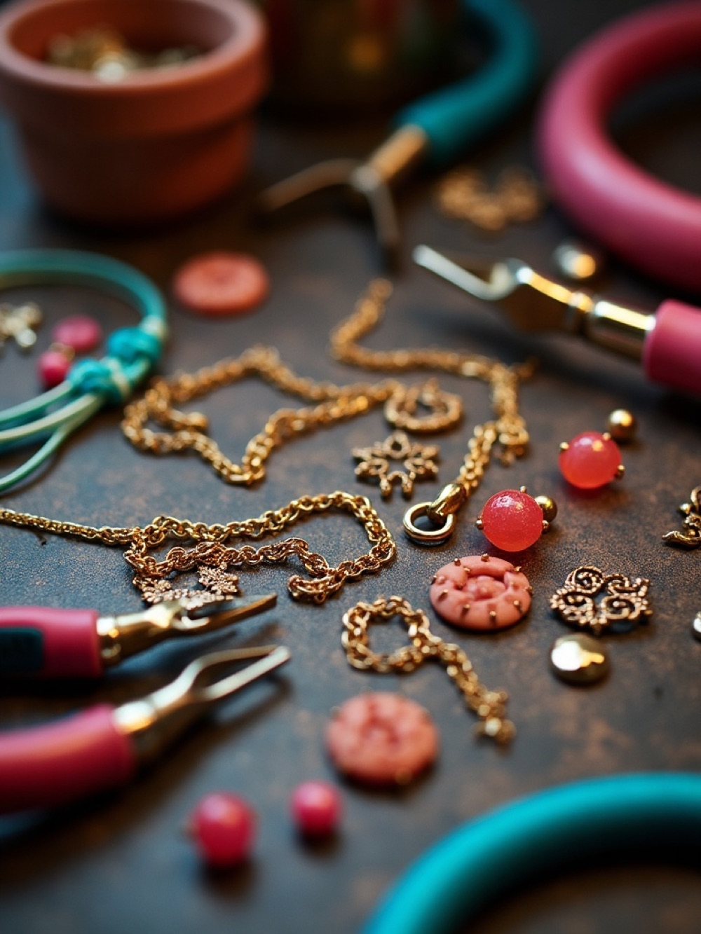 Jewelry production bench with pliers, findings, and colorful beads